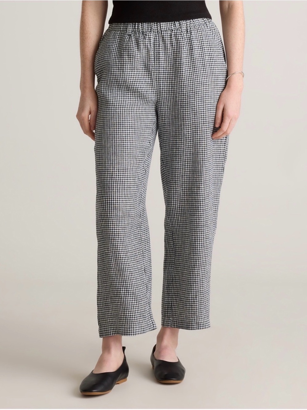 Quince 100% European Linen Pants Classic Mini Gingham Black White M Pull On